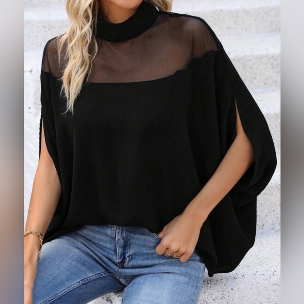 New Chic Sheer Shoulder Mock Neck Flowy Blouse Top Black